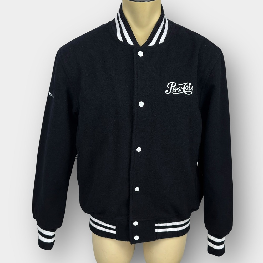 CX2 Pepsi Cola Wool Blend‎ Varsity Jacket L Black Super Bowl Snap Bomber Retro